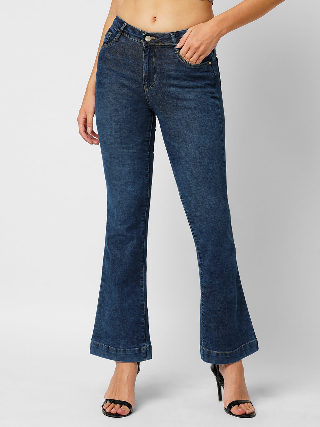 WOMEN DARK BLUE HIGH RISE FLARE JEANS