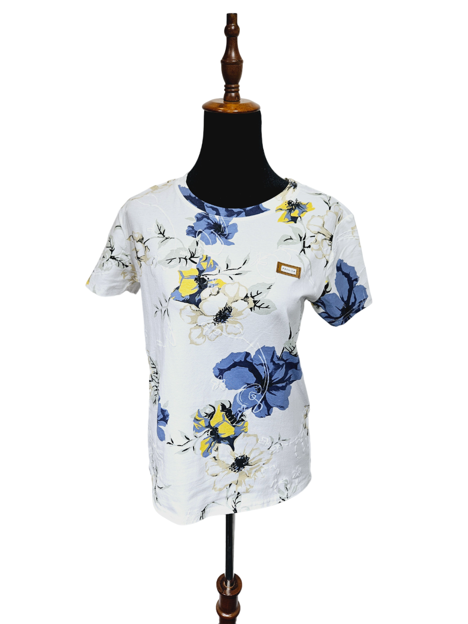 Women White Navy T-shirt With Colorful Flowers