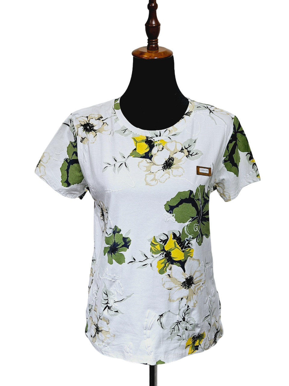 Women White  T-shirt With Colorful Green Flowers