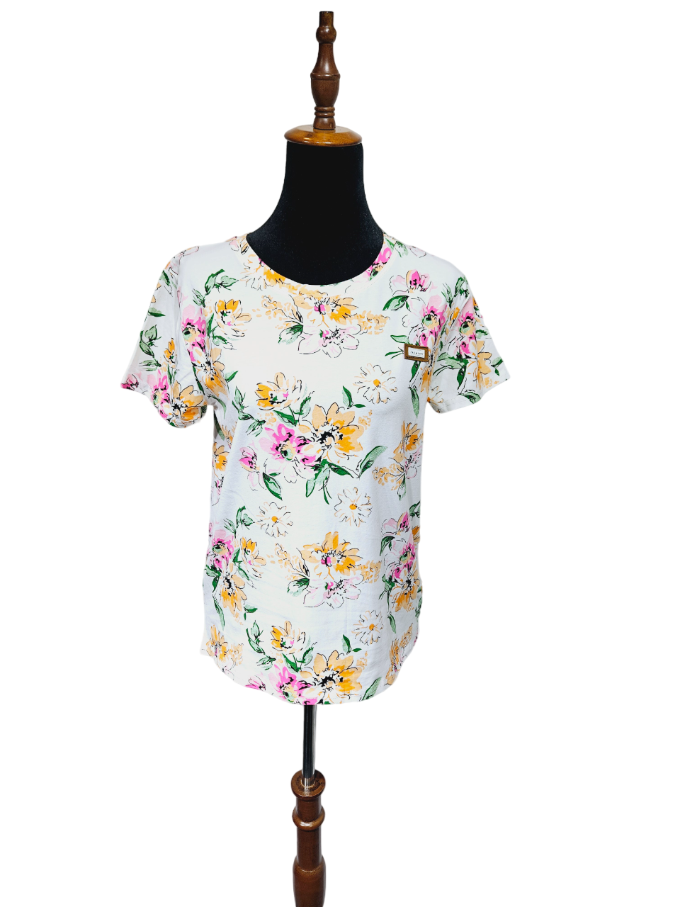 Women White Orange T-shirt With Colorful Flowers